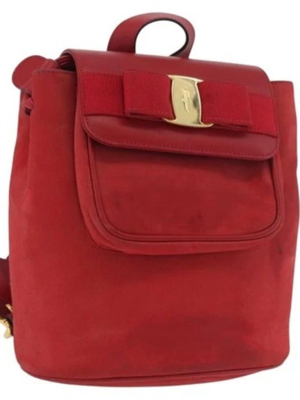 Salvatore Ferragamo Vala Backpack Suede Red Gold Auth BA11218